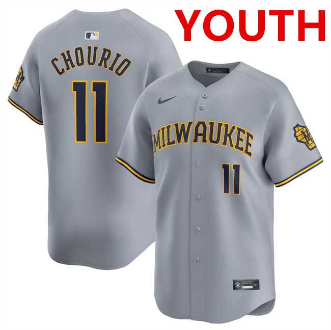 Youth Milwaukee Brewers #11 Jackson Chourio Grey 2024 Away Limited Stitched Baseball Jersey